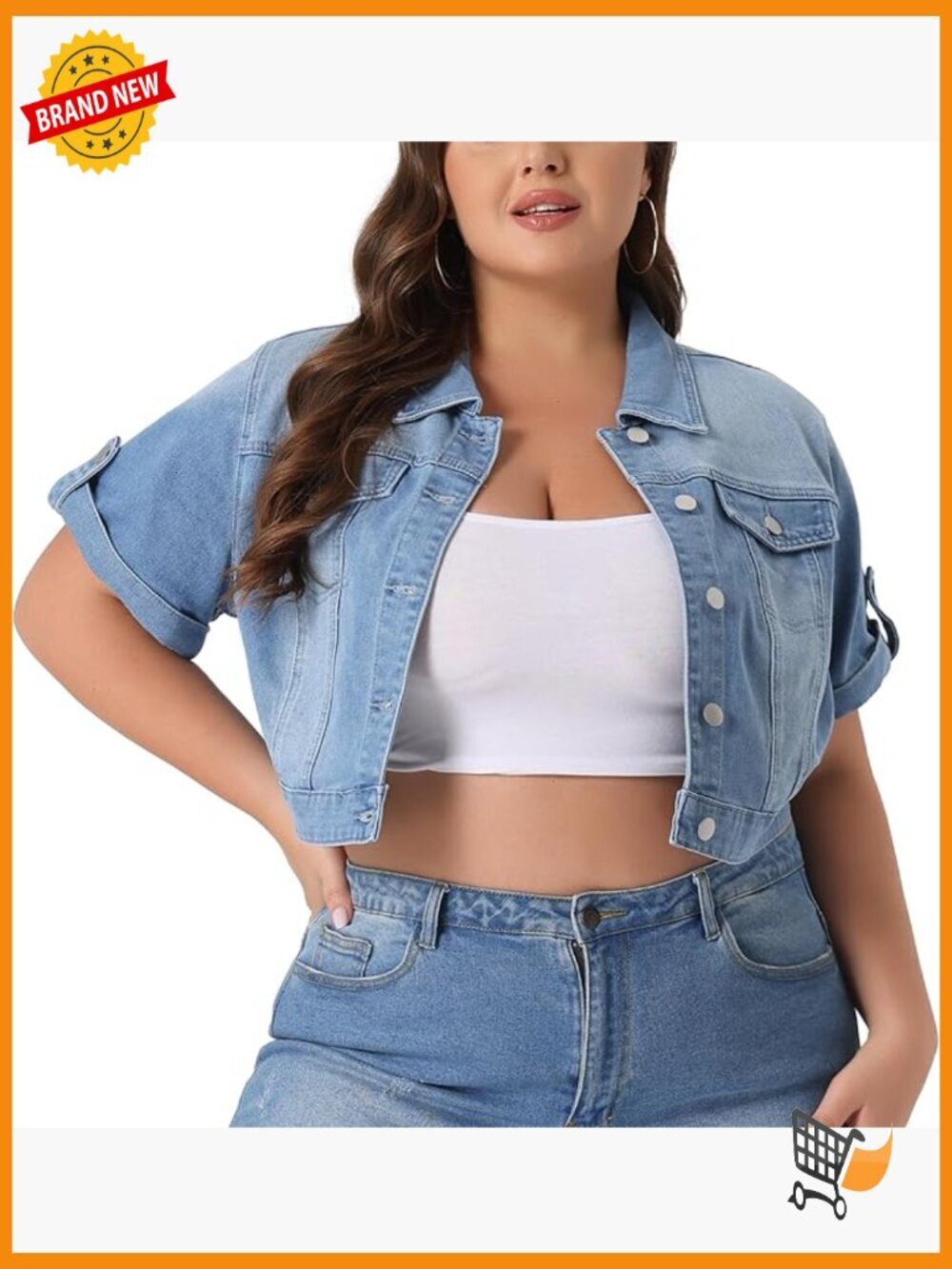 Vintage Wash Cropped Denim Jacket Short Sleeve Button Front Faux Pockets